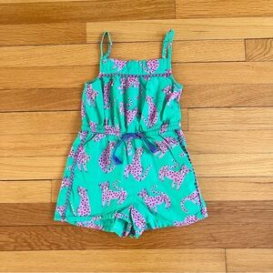 Mini Boden Green Pink Leopard Jungle Cotton Tank Top Romper One Piece 4-5